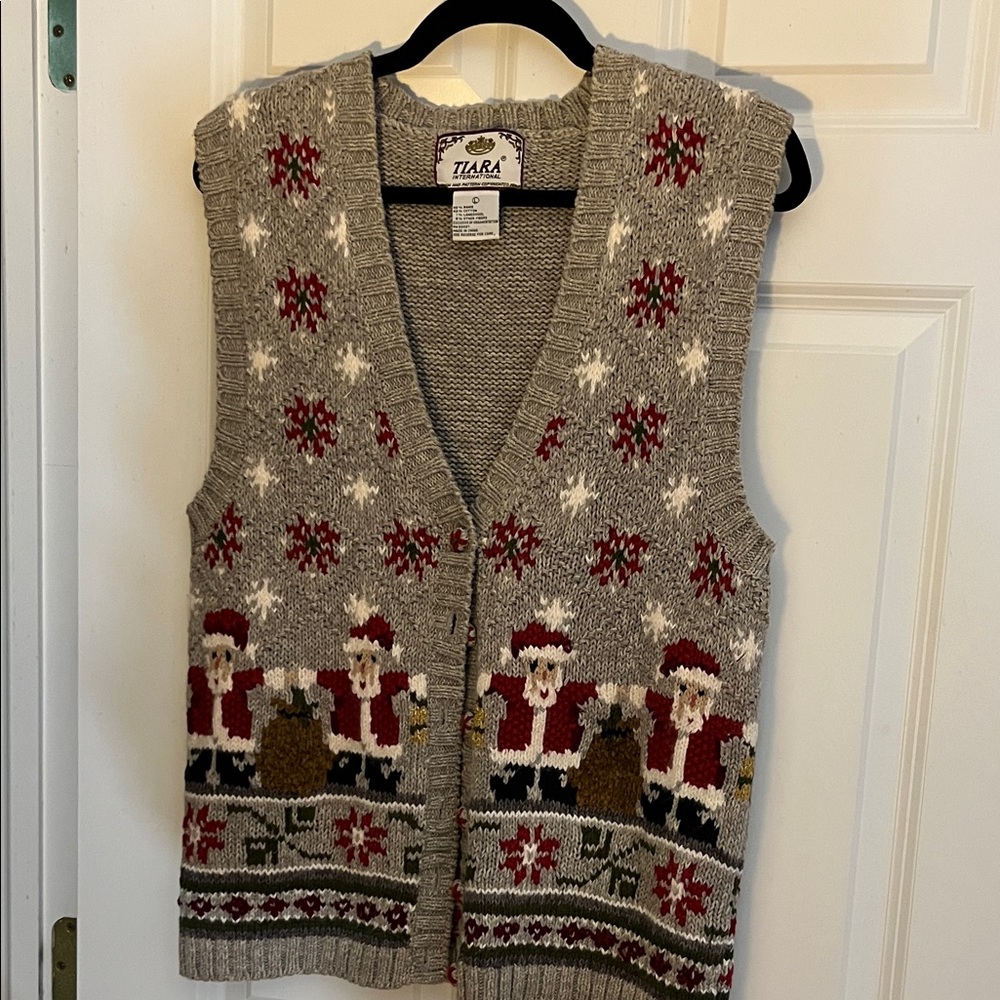 Ladies Tiara Gray Ugly Christmas Red Santa Cardigan Vest large